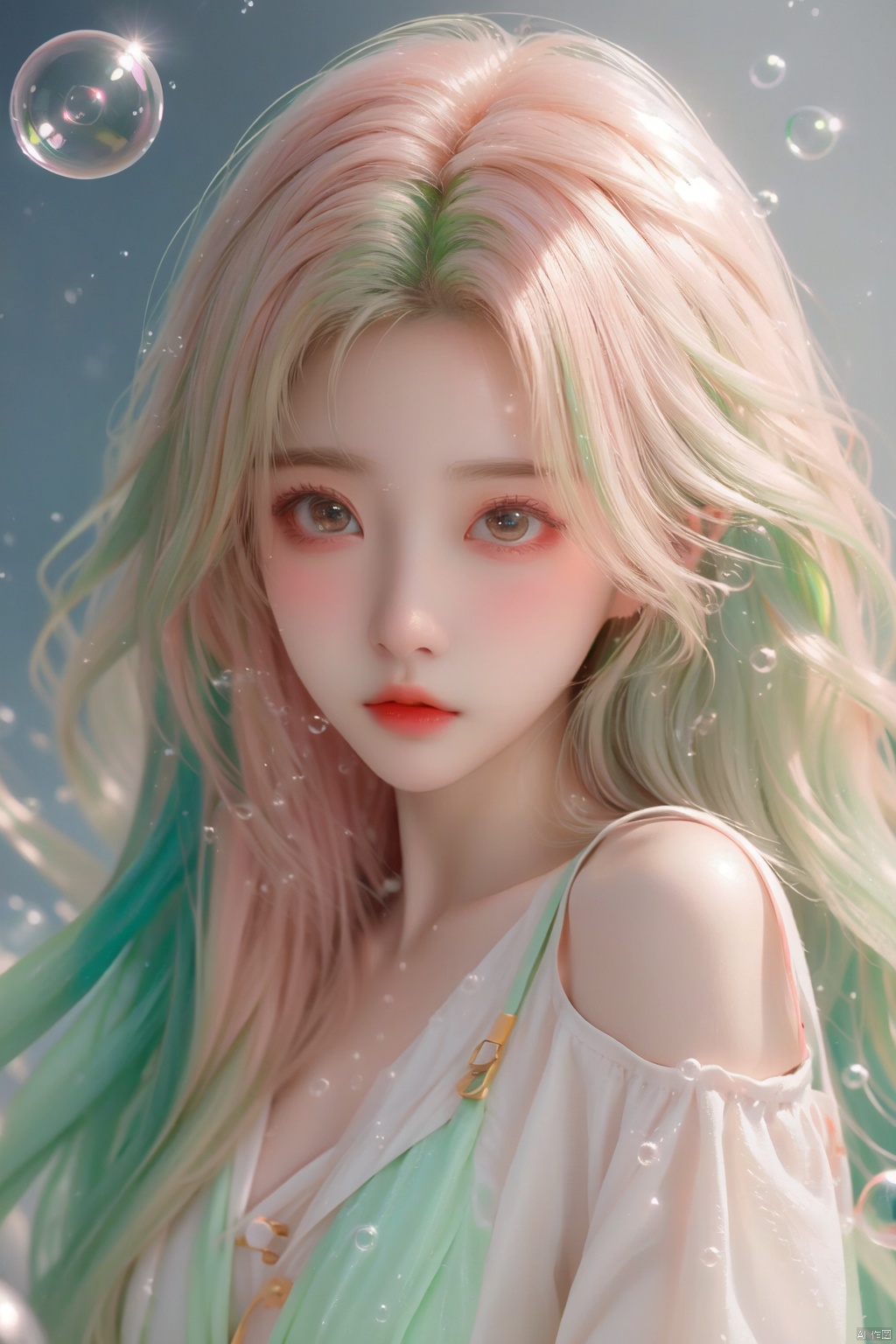  (bubble:1.5),blunt bangs, masterpiece, best quality, best illustration, ultra-detailed, upper body, solo, 1 girl, looking at viewer, upright, arms at sides, beautiful detailed eyes, concept art, white background, simple background, white hair, green gradient hair, short sleeves, watercolor pencil, expressionless, blush, virtual youtuber, short hair, tm, wangyushan, liuyifei, (\meng ze\)