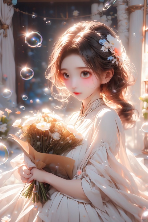  (bubble:1.3), 1 girl, cute, white dress, holding a bouquet of flowers, black short hair, light white wall, (\meng ze\), (\MBTI\), mjuanlian, jiqing,bubble, 1girl