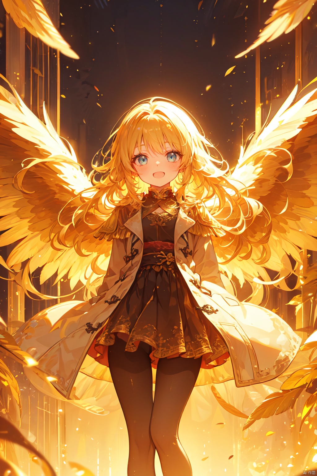  (wings:1.5),1girl, blonde_hair, boots, coat, cover, cover_page, doujin_cover, long_hair, open_mouth, pantyhose, smile, solo, (\shen ming shao nv\), (\meng ze\)