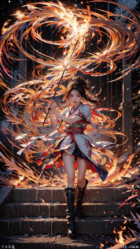  (ice:1.5),Female Focus,holding glowing katana（Iaido）
Red lips, bangs, earings, kimono,Chinese closures, floral print, tassel, robe dragon, glowing weight, flowing light, shooting stars,Neon lights, reflecting lights, epic lighting,
(Flames around) (Fire clings to the samurai sword)··
Chinese Style, Ancient Temple, Serious, Light, Stairs, Red Full Moon, yiwenrudao\(xiuxian\), (\shuang hua\)