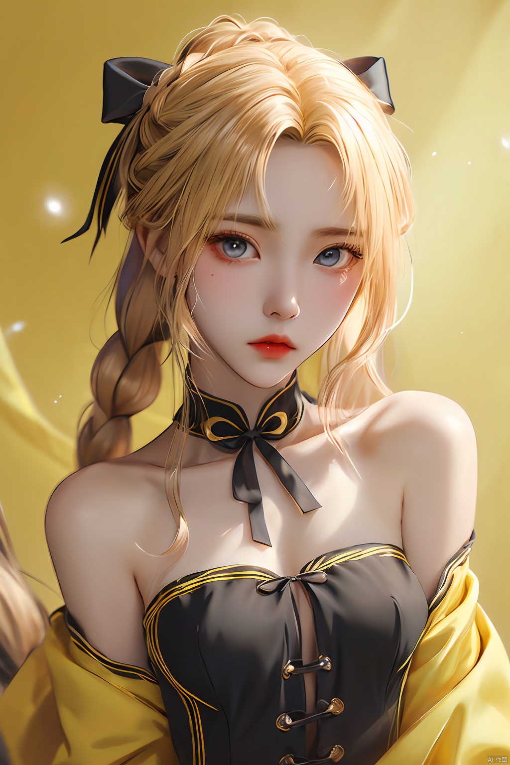  masterpiece,1girl,solo,looking at viewer,bangs,blonde hair,simple background,dress,ribbon,bare shoulders,hair ribbon,yellow eyes,braid,sidelocks,small breasts,black gloves,elbow gloves,hair bun,black ribbon,sleeveless dress,single hair bun,yellow background,french braid,lolita fashion,black border,artoria pendragon \(fate\),saber,, artoria pendragon \(fate\), caiyi, qianrenxue, yunqing,blue eyes, (\meng ze\)