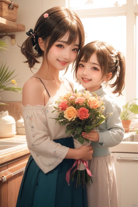 multiple girls, 2girls, smile, flower, floral print, bouquet, blush, brown hair, indoors, holding, red flower, holding bouquet, bangs, skirt, dress, ^_^, sunlight, :d, collarbone, mother and daughter, backlighting, shirt, ribbon, long sleeves, standing, rose, yellow flower, happy, black ribbon, black skirt, hair ribbon, red rose, child, age difference, teeth, jewelry, twintails, white dress, upper teeth only, female child, ^o^, potted plant, hug, short hair, window, sleeves past elbows, medium hair, plant, bow, (\ji jian\)