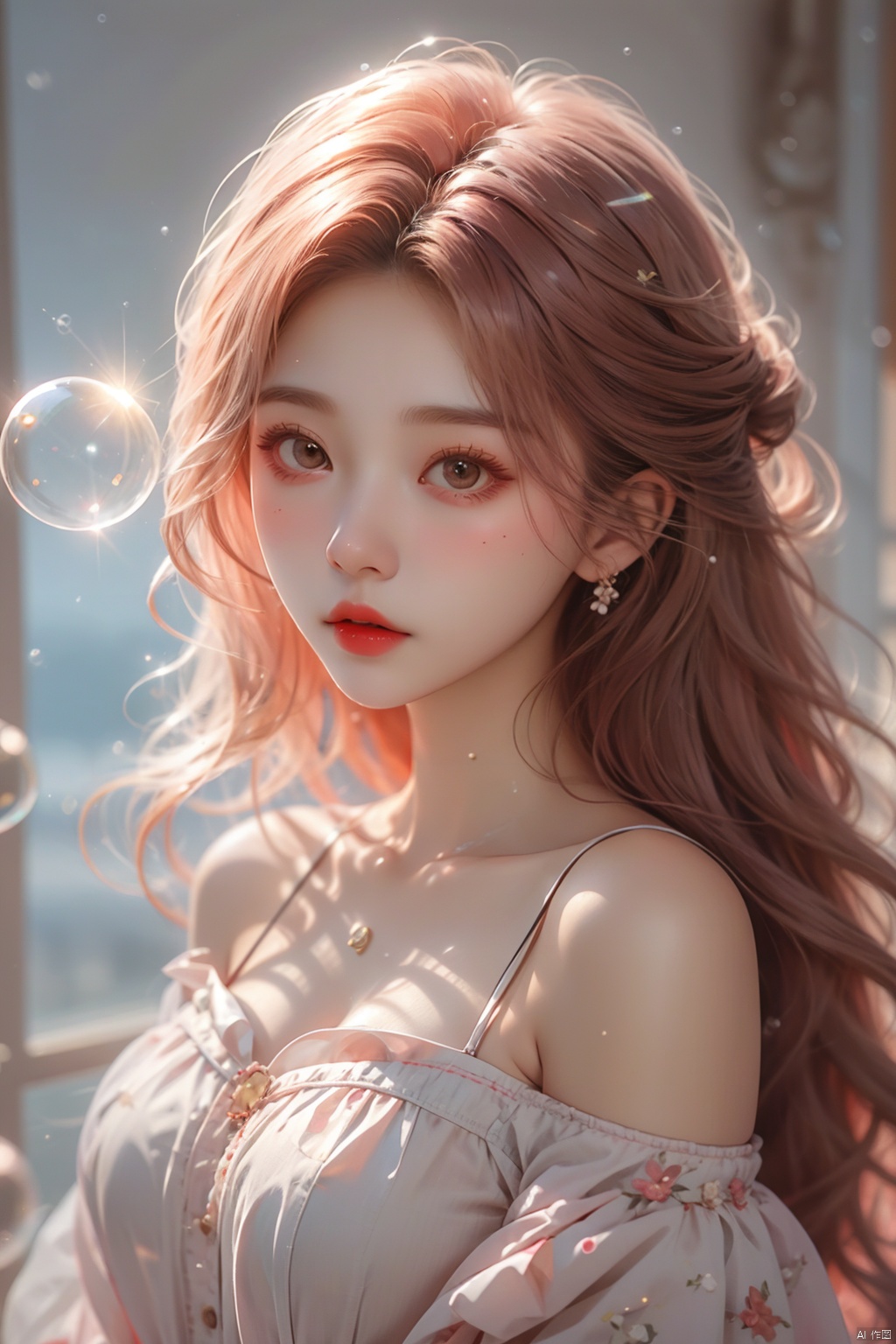  pink hair,bubble,1girl, solo, breasts, looking at viewer, short hair, simple background, brown hair, black hair, dress, bare shoulders, brown eyes, upper body, parted lips, grey background, lips, makeup, red dress, lipstick, realistic, red lips, (\meng ze\)