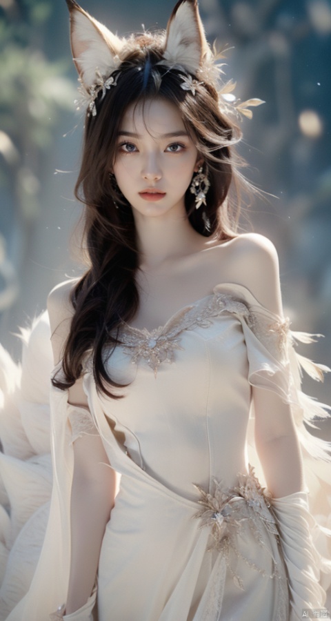  beautiful cute crystal girl in 16 years old, detailed evil eyes, (incredible details, cinematic ultra wide angle, depth of failed, hyper detailed, insane details, hyper realistic, high resolution, cinematic lighting, soft lighting, incredible quality, Realistic Skin,Solo,beautiful face,Large Breasts,((Sheer Dress)),lowleg,(off-shoulder dress),(One shoulder strap fell off),Long Wavy Hair, Cowboy Shot, Smooth shoulders,Slim Waist,dynamic shot,Hair with scenery,The eye,yuyao,(huliya,fox,(fox ears:1)), (\shuang hua\)