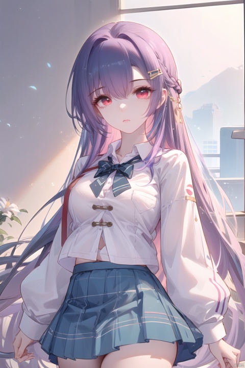  1girl,solo. purple hair, red eyes, hairclip, long hair, very long hair, white shirt, school uniform, pleated skirt, plaid skirt, cowboy shot, solo focus, (\meng ze\), qingyi