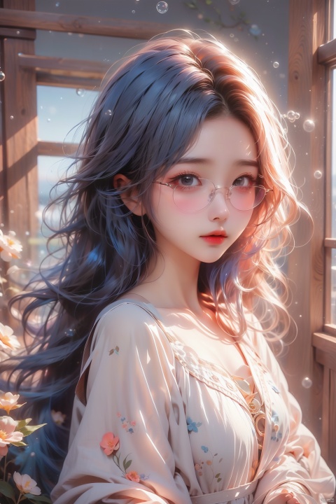 1girl,glowing,blue hair,glasses,bubble,short hair,sewater,standing,masterpiece,best quality,windows,bangs,flower,simple_background, jiqing, Light master,moyou, 1 girl