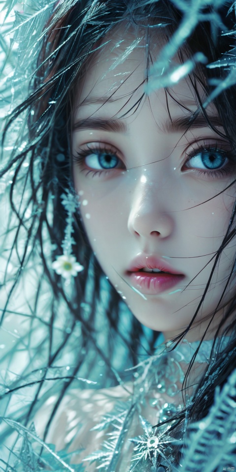 (ice:1.5), A girl, silk, cocoon, spider web, Solo, Complex Details, Color Differences, Realistic, (Moderate Breath), Off Shoulder, Eightfold Goddess, Pink Long Hair, White Headwear, Hair Above One Eye, Green Eyes, Earrings, Sharp Eyes, Perfect Fit, Choker, Dim Lights, cocoon, transparent, jiBeauty, 1girl, flowers, mtianmei, Look at the camera., flowing skirts, Giant flowers, good hands, dofas, lizhien, ((poakl)), (\shuang hua\)
