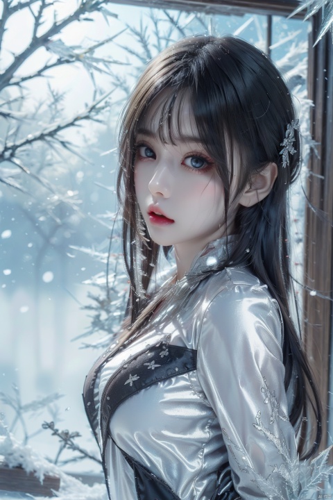 (ice:1.5), Best quality, masterpiece, photorealistic, 32K uhd, official Art,
1girl, dofas, solo,upper body, snowing, blurry, 1girl,pencil_skirt,yellow_footwear,high_heels,pinstripe_suit, (\shuang hua\)