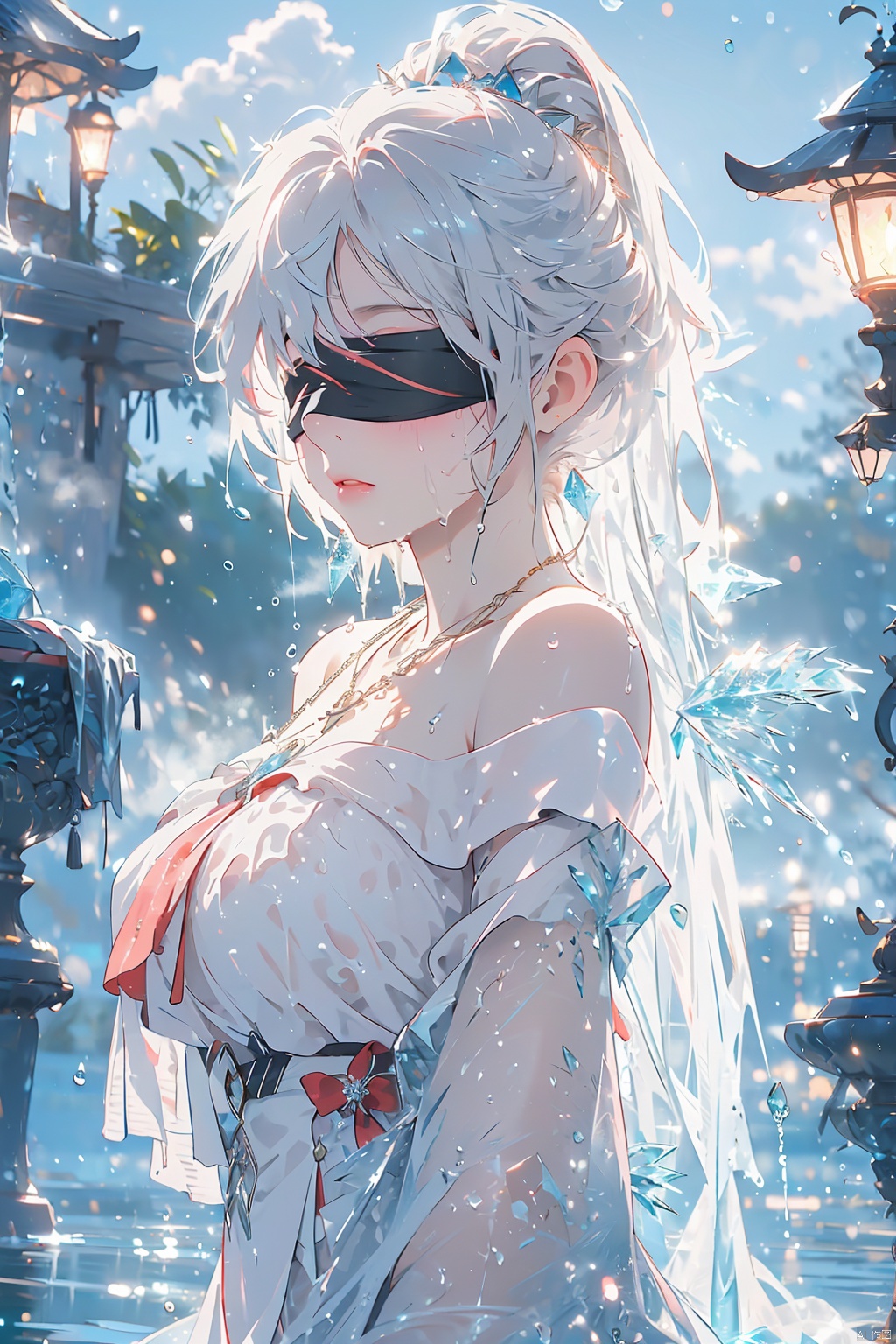 (ice:1.5),glowing, 1girl bathing in the pool,blue-pink smoke, shoulders exposed to the water surface (wrapped in a towel: 1.5),Forehead gemstone, (with a large amount of water vapor on the surface: 1.5), (hot spring), lantern, night,girl, bust, long white hair, flowing long hair,((blindfold, blindfold)),rosy lips, fair skin, off-the-shoulder, collarbone, necklace,silver jewelry, backlight, subway, 1girl,high_heels, see-through control, (\shuang hua\)