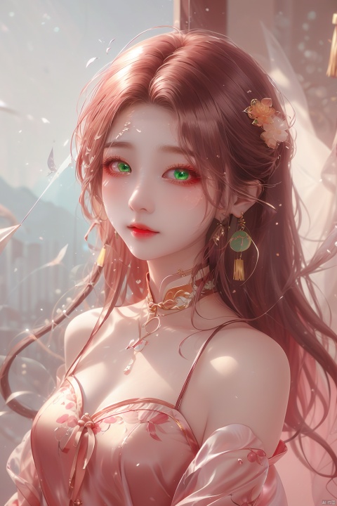  masterpiece, best quality, ice, A girl, silk, cocoon, spider web, Solo, Complex Details, Color Differences, Realistic, (Moderate Breath), Green Eyes, Earrings, Sharp Eyes, Perfect Fit, Choker, Dim Lights, cocoon, transparent, jiBeauty, Ink scattering_Chinese style, hydress-hair ornaments, (\meng ze\)