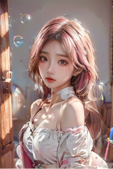 pink hair,(bubble:1.3),(watercolor_medium), ((ukiyoe style)), ((((masterpiece)))), (((best quality))), (illustration),(1girl:1.5),(solo:1.5), ((an extremely delicate and beautiful)), ((little girl)) , cute, ((hime_cut)), side blunt bangs,(pink hair:1.2), hairs between eyes, ribbons, Bracelet , bare shoulders,((japanese_clothes)), sakura, ((slit pupils)), ((miko)), (off_shoulder), ace, (Kagura Suzu),sword, 1girl, (\meng ze\)