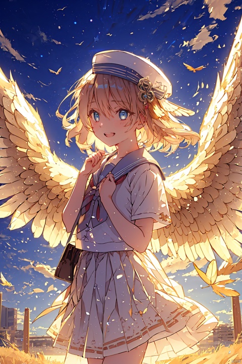  (wings:1.5),1girl, solo, looking at viewer, blush, smile, short hair, open mouth, bangs, blue eyes, skirt, brown hair, shirt, hair ornament, hat, bow, holding, hair between eyes, school uniform, standing, collarbone, white shirt, short sleeves, :d, cowboy shot, pleated skirt, outdoors, sky, serafuku, day, cloud, sailor collar, blue sky, hands up, bird, white headwear, blue bow, white skirt, building, white sailor collar, (\shen ming shao nv\), (\meng ze\)