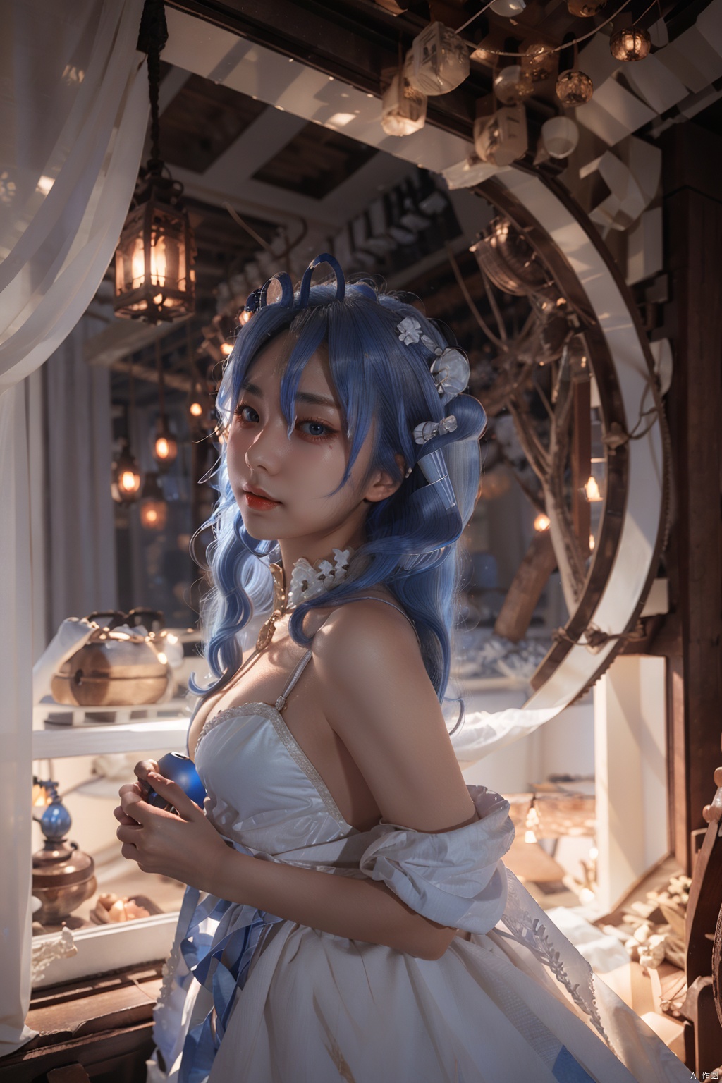 1girl,blue hair,white dress, (\shen ming shao nv\)