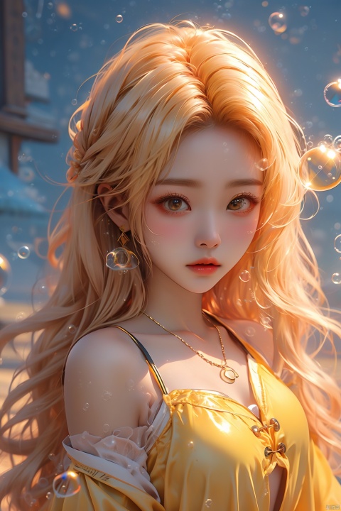  (bubble:1.5),1girl,Bangs, off shoulder, colorful_hair, ((colorful hair)), yellow eyes, chest, necklace, earrings, floating hair, jewelry, sleeveless, very long hair,Looking at the observer, parted lips, pierced,energy,electricity,magic,tifa,sssr,blonde hair,jujingyi, (gold armor), liuyifei, (\xing he\), (\shuang hua\), (\meng ze\)