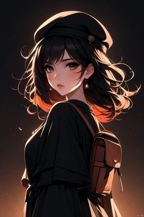 (masterpiece, top quality, best quality, official art, beautiful and aesthetic:1.2),jijian,doodle,1girl,(long curved hair),delicate face,fashion,red hat,black eyes,black hair,short dress,hair decorations,Dopamine color,backpack,dress,solid colors,shadow,layers,dark yellow background., jjmx
