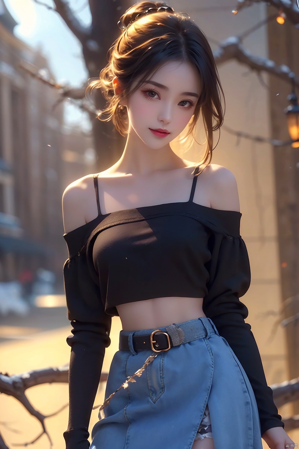 best quality, masterpiece, cowboy_shot,(Good structure), DSLR Quality,Depth of field,kind smile,looking_at_viewer,Dynamic pose, 1girl, 3d, bare_shoulders, belt, blurry, blurry_background, blurry_foreground, branch, , , , collarbone, *******_photo, denim, denim_skirt, depth_of_field, , lips, long_hair, looking_at_viewer, midriff, miniskirt, motion_blur, navel, outdoors, photo_\(medium\), realistic, skirt, solo, standing, tree, , , , blackpantyhose, , , , , futuaner