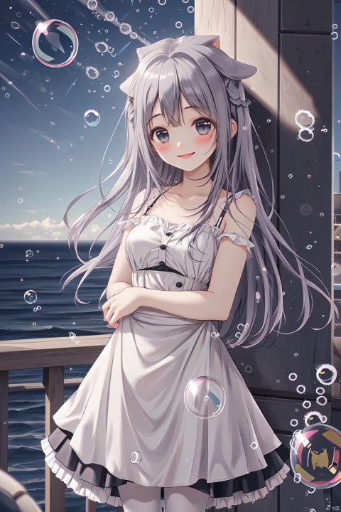  (bubble:1.5),masterpiece, best quality, incredibly_absurdres,1 girl, cowboy_shot,standing,high detail,high details,depth of field,perspective,foreshortening,ray tracing,medium_breasts,outdoors,sky,smile,^o^,backlight, white dress,sleeveless dress,sparkling eyes,hug,girl, cozy anime,1girl,black skirt,bare shoulders,(frilled waist apron),(white pantyhose),black footwear,(loli:1.3),female child,outdoor,(night:1.3),sky,(star),(star \(sky\):1.2),ocean,beach,trees,building,light,depth of field,wind,cowboy shot,light smile, , ray tracing, simple drawing, (\meng ze\)