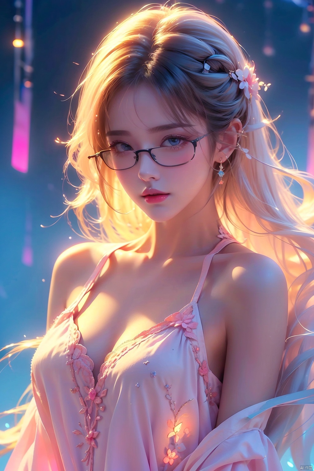 Dimensional Armory,Lying in bed, looking from above,Anime girl in bare-shoulder dress,glowing eyes,with long white hair,wearing black glasses frame,glowing pink special effects,gradient pink and blue Lights,light blue background,rich details, the eyes,ultra high resolution,32K UHD,best quality,masterpiece,