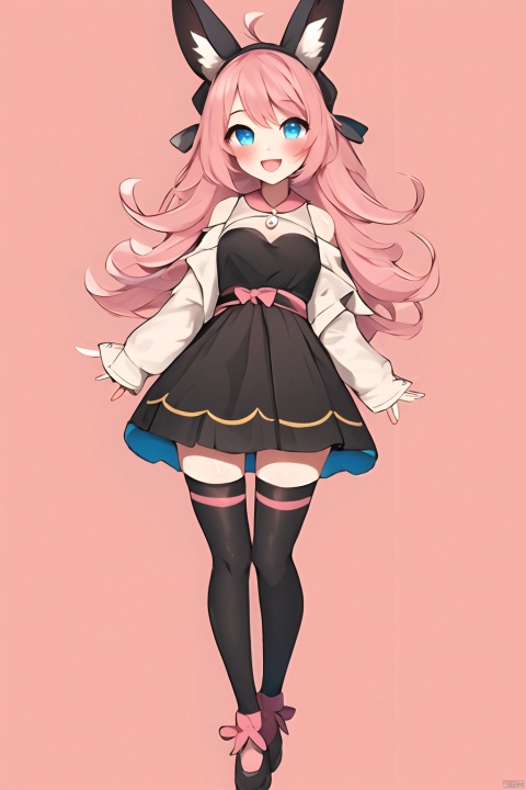  1girl, animal_ears, blue_eyes, blush, full_body, open_mouth, pink_background, pokemon_\(creature\), simple_background, smile, standing, thighhighs