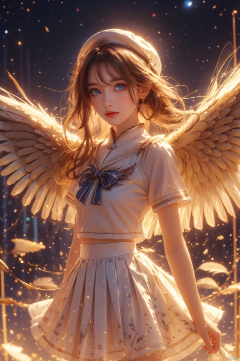  (wings:1.5),1girl, solo, looking at viewer, blush, smile, short hair, open mouth, bangs, blue eyes, skirt, brown hair, shirt, hair ornament, hat, bow, holding, hair between eyes, school uniform, standing, collarbone, white shirt, short sleeves, :d, cowboy shot, pleated skirt, outdoors, sky, serafuku, day, cloud, sailor collar, blue sky, hands up, bird, white headwear, blue bow, white skirt, building, white sailor collar, (\shen ming shao nv\), (\meng ze\)