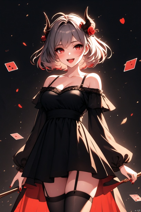  1girl, solo, breasts, looking at viewer, smile, short hair, open mouth, bangs, red eyes, thighhighs, long sleeves, hat, dress, holding, cleavage, bare shoulders, medium breasts, standing, flower, :d, grey hair, red hair, horns, teeth, alternate costume, black thighhighs, off shoulder, black dress, official alternate costume, feet out of frame, rose, garter straps, antenna hair, black background, demon horns, red flower, red nails, red rose, card, antennae, off-shoulder dress, playing card, diamond \(shape\), spade \(shape\), w \(arknights\)