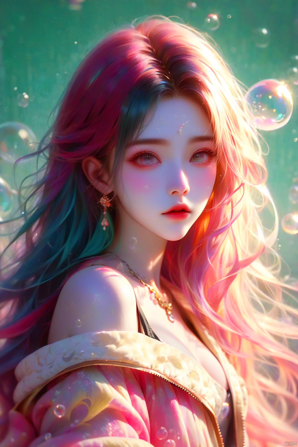  pink hair,(bubble:1.5),Horror Theme,Anne Bachelier's works,emitting a sense of arrogance,emitting sexual sensations,a female beautiful [bats|woman],bangs,oversize jacket,plunging neckline,multicolored hair,blue hair,aqua eyes,makeup,detailed Purple eyes,Pixie cut,hyper detailed,highly detailed,colorful details,very intricate details,[k-pop],upper body:0.778,Corpse Party: Blood Drive, (\shuang hua\), (\meng ze\), guzhuang