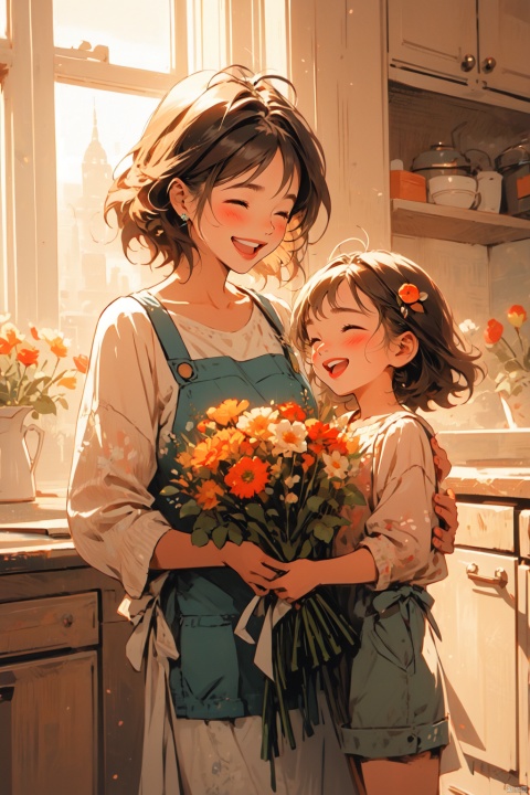  mother and daughter, multiple girls, 2girls, flower, closed eyes, smile, open mouth, bouquet, brown hair, blush, indoors, shirt, holding, :d, kitchen, short hair, hair ornament, collarbone, bangs, shorts, holding bouquet, ^_^, sunlight, teeth, apron, child, female child, window, upper teeth only, antenna hair, long sleeves, standing, (\ji jian\)