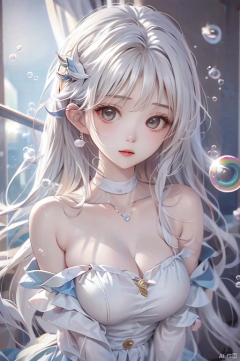  (bubble:1.5),naked skirt,nudist,Nude,1girl,white hair,hair ornament,mature female,shell,pearl,looking at viewer,jewelry,detailed face, (\meng ze\)