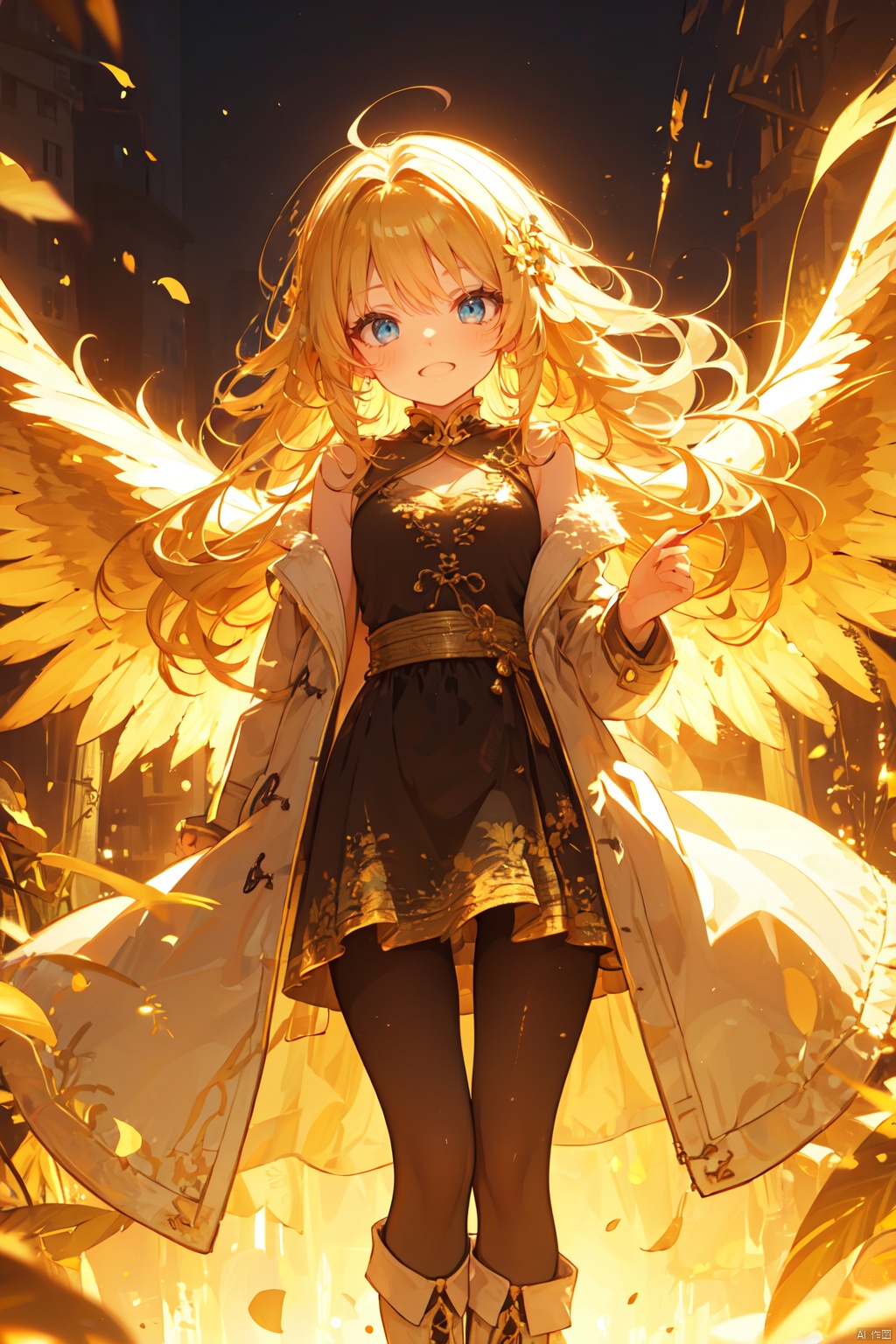  (wings:1.5),1girl, blonde_hair, boots, coat, cover, cover_page, doujin_cover, long_hair, open_mouth, pantyhose, smile, solo, (\shen ming shao nv\), 