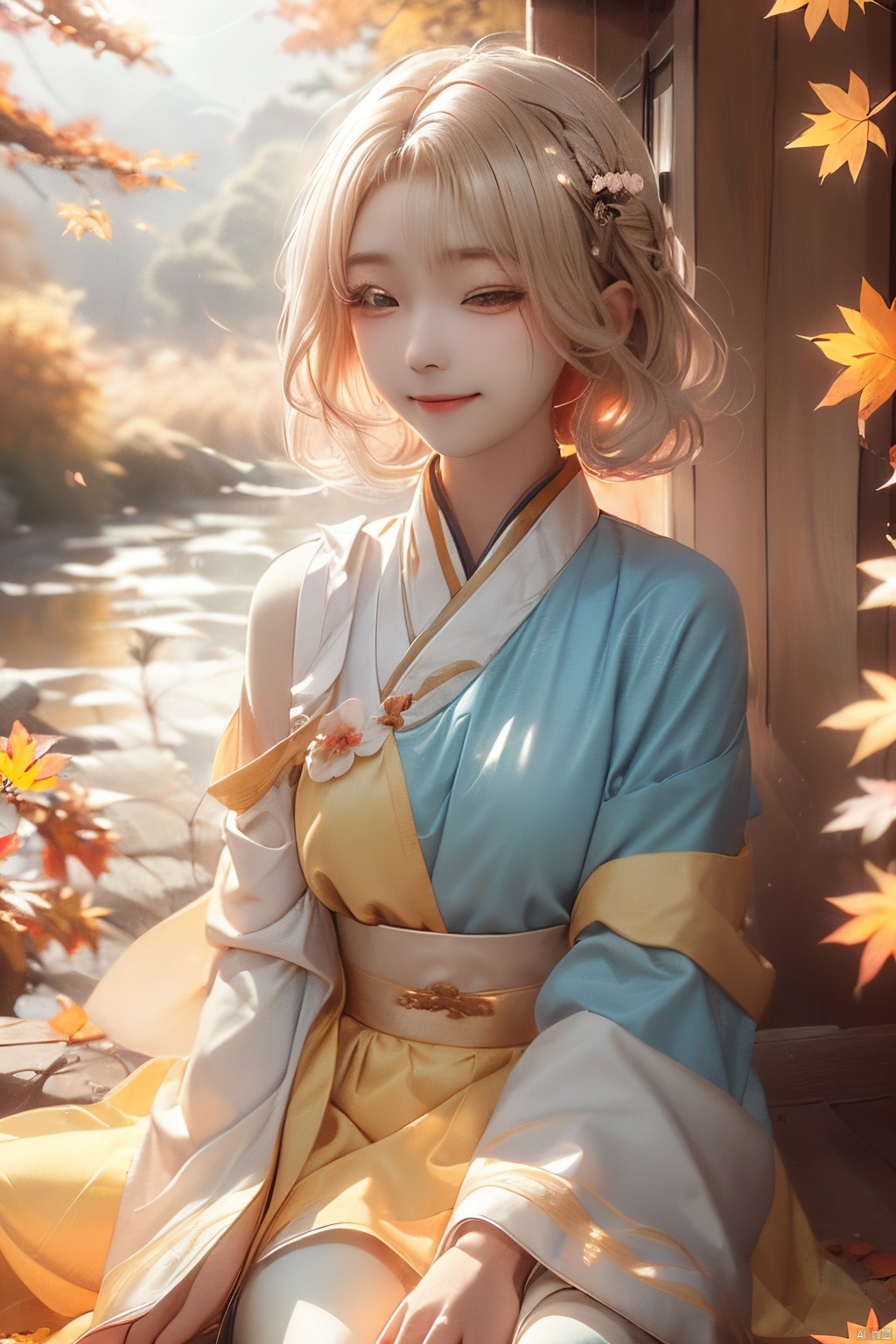  aki shizuha, 1girlaki shizuha blonde hair short hair yellow eyes leaf hair ornamentred shirtskirtlong sleeves, sunset, 8kcg wallpaper, (ultra detailed:1.4), illustration, cinema light, autumn leaves season, 1girl, autumn leaves hair ornament, blush, open mouth, smile, one eye closed, looking out of the viewer, (((touch your hair with one hand))), autumn evening, swaying wind, beautiful background, sunlight filtering through the foliage, scattered light
, (\meng ze\), jiqing, (\MBTI\), mjuanlian