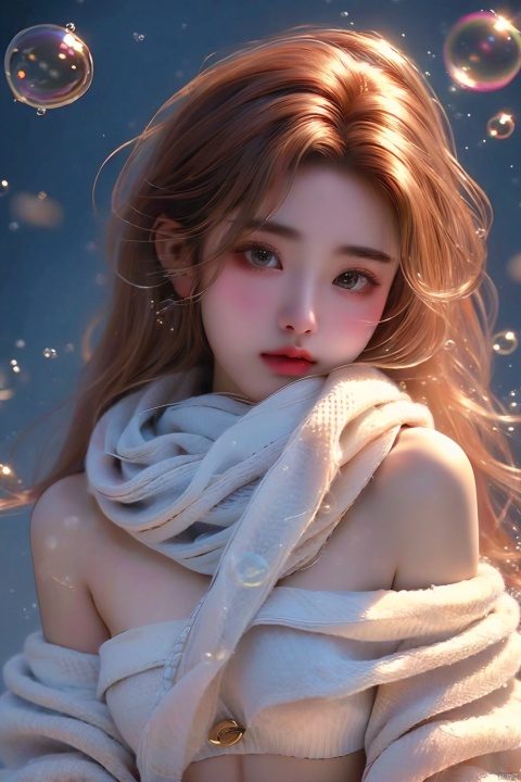  (bubble:1.3),High quality, masterpiece, Portrait,cinematic texture,1girl,sexy_sweater, navel,Scarf,Off shoulder, (\meng ze\)