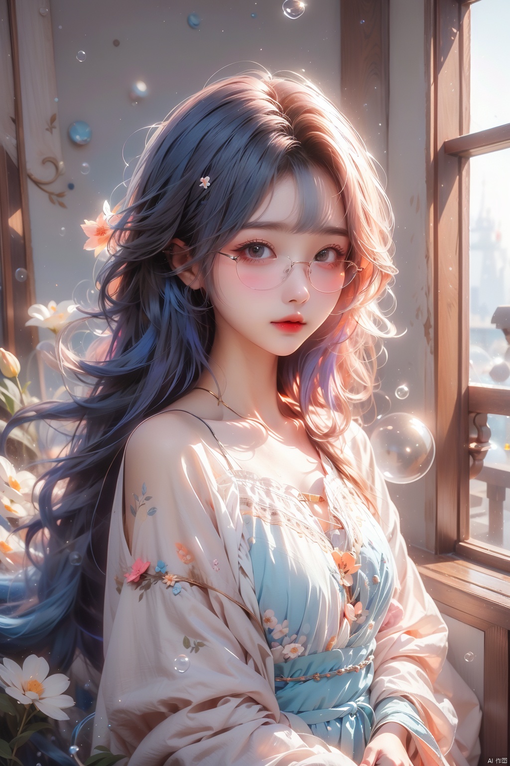  1girl,glowing,blue hair,glasses,bubble,short hair,sewater,standing,masterpiece,best quality,windows,bangs,flower,simple_background, jiqing, Light master,moyou, 1 girl