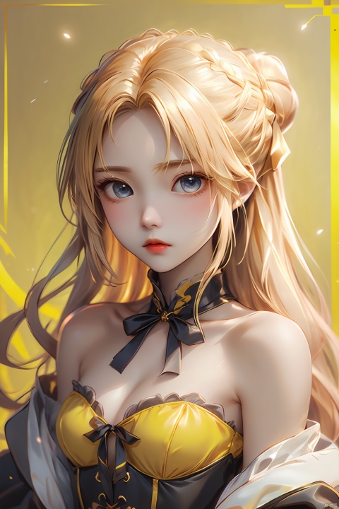  masterpiece,1girl,solo,looking at viewer,bangs,blonde hair,simple background,dress,ribbon,bare shoulders,hair ribbon,yellow eyes,braid,sidelocks,small breasts,black gloves,elbow gloves,hair bun,black ribbon,sleeveless dress,single hair bun,yellow background,french braid,lolita fashion,black border,artoria pendragon \(fate\),saber,, artoria pendragon \(fate\), caiyi, qianrenxue, yunqing,blue eyes, (\meng ze\)