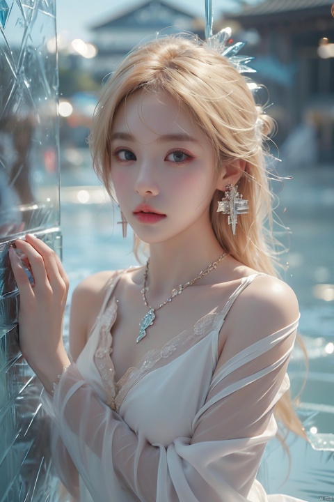 (ice:1.5), masterpiece, 1 girl, Stand, {blonde hair}, jewelry, Earrings, Necklace, {JK}, Newspaper wall, huge filesize, extremely detailed, 8k wallpaper, highly detailed, best quality, yunqing, qrx, qianrenxue, xiaowu, WZRYdajiJW, dyzgqzm, (\shuang hua\), (\huo yan shao nv\), ((poakl)), Light master