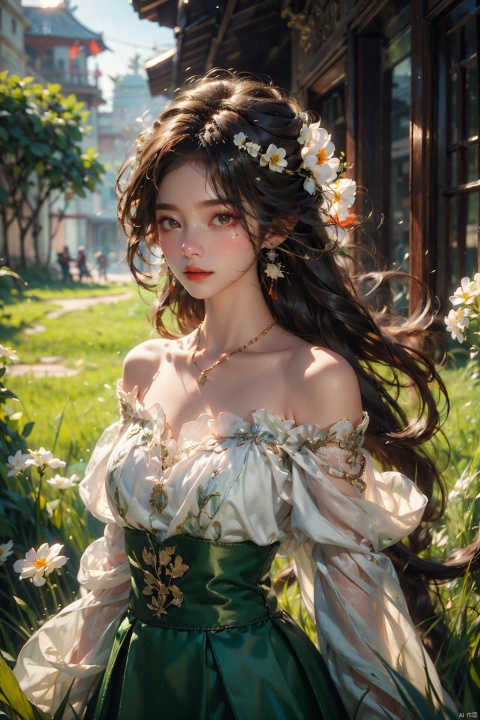  (grass:1.5),1 girl, jewelry, solo, earrings, long hair, forehead markings, black hair, necklace, bare shoulders, flowers, red lips, hair flowers, upper body, skirt, off shoulder, facial markings, head down, makeup, lips, candles, collarbones, long sleeves, tears streaming down, crying, Tyndall effect, 8k, large aperture, masterpiece of the century, sit, maple leaf, doorway, corridor, Sun on face, (\meng ze\)