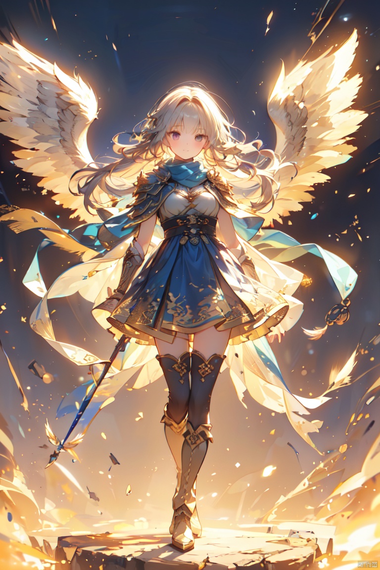  (wings:1.5),1girl, blue_cape, blue_scarf, boots, breasts, cape, dress, floating_hair, long_hair, looking_at_viewer, medium_breasts, scarf, short_dress, signature, solo, standing, thigh_boots, thighhighs, (\shen ming shao nv\), (\MBTI\)