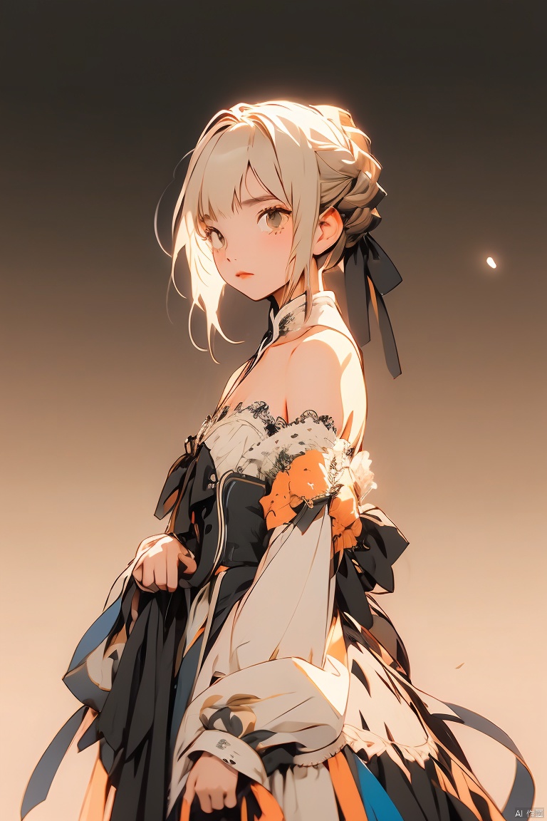  masterpiece,1girl,solo,looking at viewer,bangs,blonde hair,simple background,dress,ribbon,bare shoulders,hair ribbon,yellow eyes,braid,sidelocks,small breasts,black gloves,elbow gloves,hair bun,black ribbon,sleeveless dress,single hair bun,yellow background,french braid,lolita fashion,black border,artoria pendragon \(fate\),saber,, artoria pendragon \(fate\), (\meng ze\), (\ji jian\)