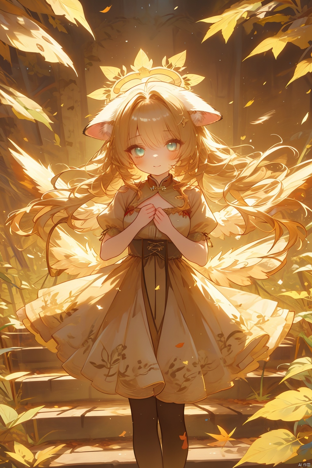  (wings:1.5),In this autumn afternoon, the sun shines through the gaps in the leaves and shines on a special girl.She has a pair of pointed cat ears and a soft cat tail, which adds a bit of mystery and playfulness to her.Her face is delicate and delicate, and her eyes are as clear as cat eyes, sparkling with curiosity and agility.The girl was wearing an autumn-style dress, and the skirt swayed gently with her steps, as if she was dancing with the wind.The design of the skirt is delicate and elegant, with exquisite embroidered patterns that complement her cat ears and tail.The color of the skirt is mainly warm tones, which perfectly blends with the surrounding autumn scenery, presenting a warm and harmonious feeling.The surroundings are equally intoxicating.The girl was in a golden forest, with fallen leaves covering the ground, making a rustling sound when stepped on.The sun shone on her through the leaves, casting a golden halo on her.Around her, there are several cute little animals playing, adding a bit of liveliness, (\shen ming shao nv\), jiqing