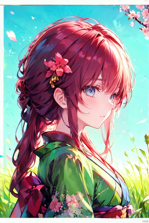  (grass:1.5),1girl, artist_name, bangs, blunt_bangs, border, branch, cherry_blossoms, flower, from_side, hair_flower, hair_ornament, japanese_clothes, kimono, long_hair, looking_at_viewer, looking_to_the_side, parted_lips, petals, red_kimono, solo, upper_body, white_border, official, ((poakl)), (\shen ming shao nv\)