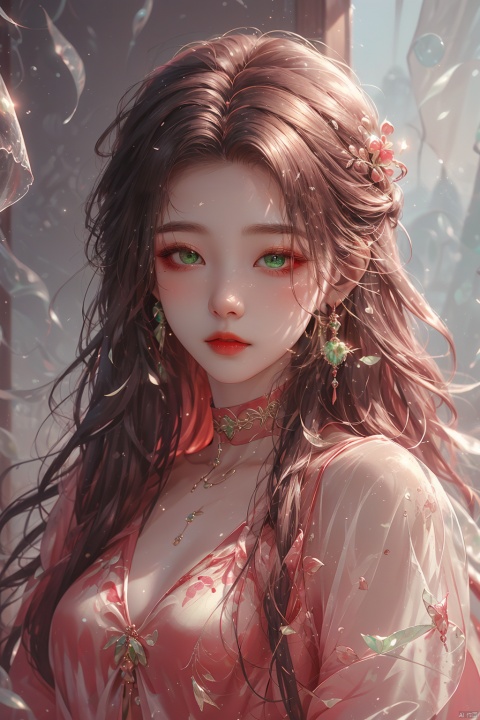  masterpiece, best quality, ice, A girl, silk, cocoon, spider web, Solo, Complex Details, Color Differences, Realistic, (Moderate Breath), Green Eyes, Earrings, Sharp Eyes, Perfect Fit, Choker, Dim Lights, cocoon, transparent, jiBeauty, Ink scattering_Chinese style, hydress-hair ornaments, (\meng ze\)