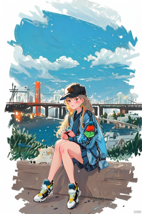  skyscraper,building,city,cityscape,hat,earrings,baseball_cap,1girl,long_hair,jacket,chain-link_fence,hood,bridge,solo,architecture,shoes,sitting,city_lights,east_asian_architecture,looking_at_viewer,neonpunkai,BJ_Violent_graffiti,midjourney,Urban techwear,Outfi,labi
