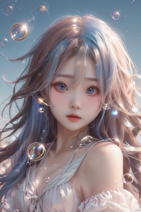  (bubble:1.5),(masterpiece, extremely detailed 8k wallpaper,best quality), (best illumination, best shadow, extremely delicate and beautiful), floating, finely detail, Depth of field (bloom), (shine), glinting stars,classic, (illustration), (sketch),(panorama),detailed eyes,perfect face,
upper_body,white background,
1 girl,solo,
blue hair,long hair,loli,brown eyes,hair ribbon,
white dress,long sleeves,
, (\meng ze\)