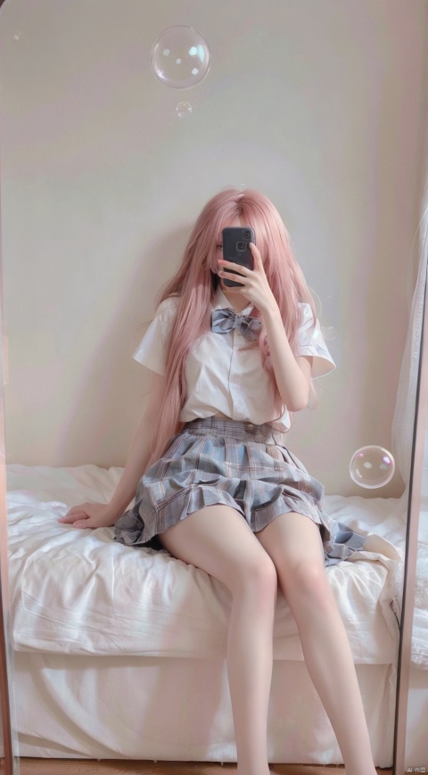 pink hair,(bubble:1.5),8K,Best quality, 1girl, xtt's body,A photo of oneself taken with a phone in front of a mirror,more details,white mask,full body,long wave hair,school uniform,Wearing blue Pleated skirt, wearing black pantyhose , sitting, ((Mobile selfie perspective)), shapely body,midnight, xtt, aki, spread legs_vagxxx, (\meng ze\)