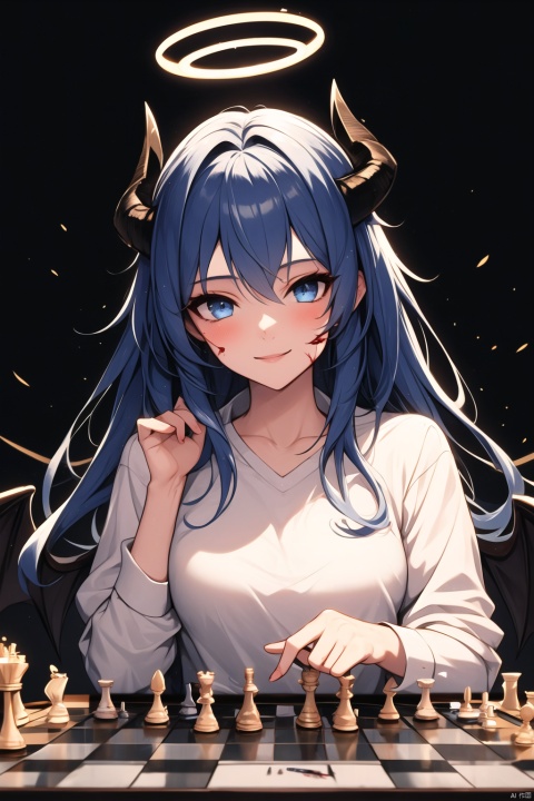  1girl, solo, long hair, looking at viewer, smile, bangs, blue eyes, shirt, long sleeves, holding, blue hair, white shirt, upper body, wings, horns, blood, halo, cross, black background, demon horns, blood on face, checkered floor, chess piece, detached wings, energy wings, board game, rook \(chess\), bishop \(chess\), king \(chess\), knight \(chess\), mostima \(arknights\)