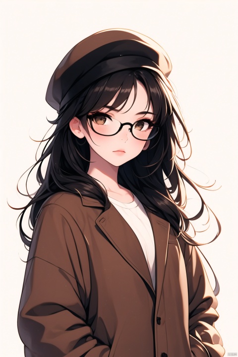  1girl, solo, long hair, looking at viewer, bangs, simple background, shirt, black hair, long sleeves, hat, white background, brown eyes, closed mouth, white shirt, glasses, coat, black headwear, hand in pocket, round eyewear, hand on headwear, brown coat