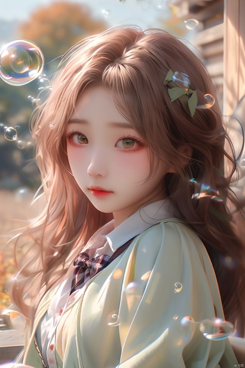  (bubble:1.5), (masterpiece), (best quality), illustration, ultra detailed, hdr, Depth of field, (colorful),1girl, solo, holding camera, camera, skirt, holding, bow, lying, brown hair, bowtie, on back, looking at viewer, school uniform, cardigan, plaid, leaf, long hair, blush, green bow, bangs, long sleeves, autumn leaves, plaid skirt, parted lips, green eyes, shirt, green bowtie, white shirt, collared shirt, pleated skirt, autumn, blue skirt, blurry, outdoors, (\meng ze\), Light master