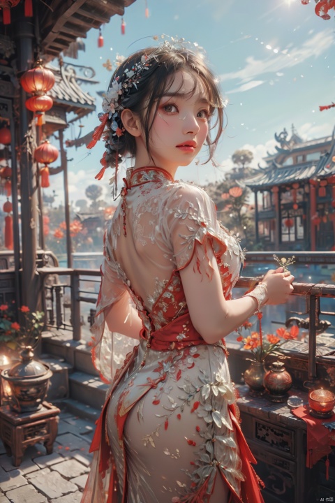 (ice:1.5), (global illumination, reality,ray tracing, HDR, unreal rendering, reasonable design, high detail, masterpiece,best quality, ultra high definition, movie lighting),
1girl,outdoor,looking_at_viewer,side_blunt_bangs,china_dress,chinese_style,big breasts,pose,solo,1girl,black hair,black eyes,red cheongsam, (\shuang hua\)