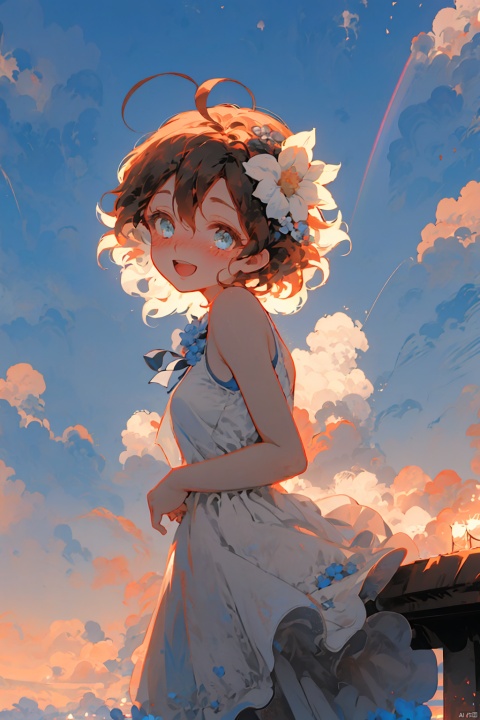  dress, white dress, blue eyes, fruit, hair ornament, food, green eyes, brown hair, ahoge, smile, hair flower, blurry, open mouth, flower, rainbow, looking at viewer, short hair, sleeveless dress, breasts, blue sky, :d, blush, day, sky, outdoors, bare shoulders, blurry foreground, bangs, hair between eyes, sleeveless, depth of field, solo focus, black hair, cloud, blurry background, pov, sundress, 1boy, arms behind back, grey hair, (\shen ming shao nv\), monochrome