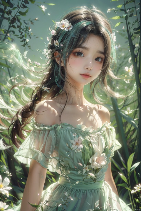  (best quality), (masterpiece),anime, female character, flowing hair, aqua hair, floral hair accessory, fantasy, ethereal, glowing, pastel colors, delicate pose, serene expression, translucent fabric, illustrated artwork, portrait style, dark background with floral elements, supernatural, ethereal atmosphere, long hair, light effects, high-resolution digital art, youthful appearance, off-shoulder dress, ribbons, water-like elements, magical theme