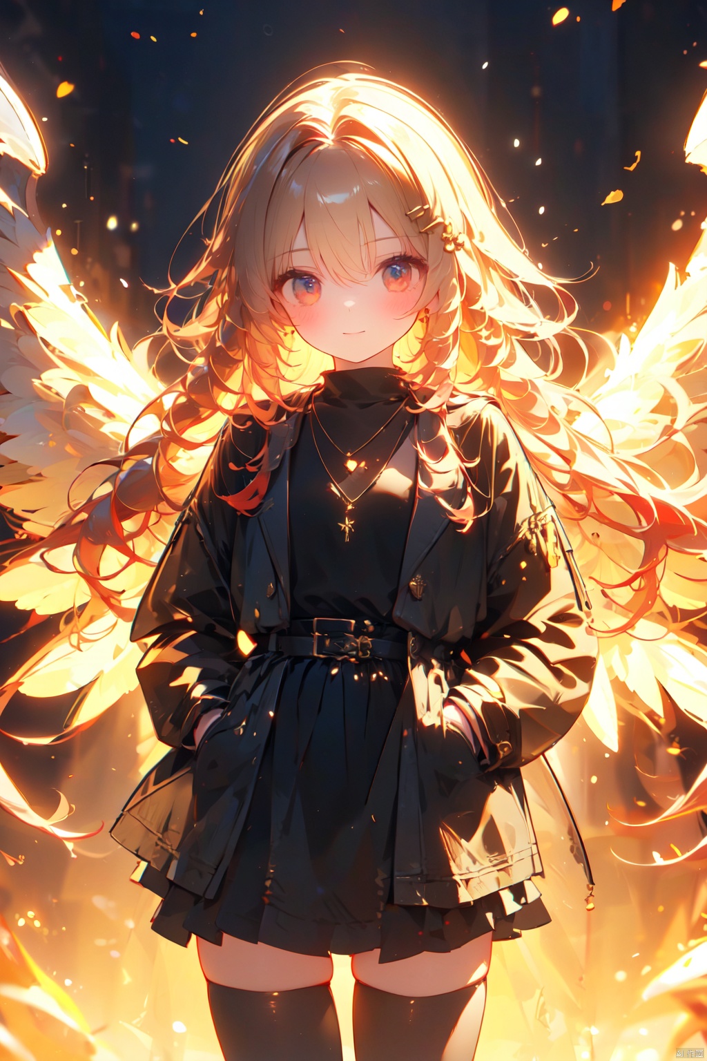  (wings:1.5),1girl, solo, looking at viewer, long hair, drill hair, red eyes, skirt, simple background, shirt, hair ornament, thighhighs, long sleeves, white background, hair between eyes, jewelry, closed mouth, red hair, cowboy shot, open clothes, alternate costume, hairclip, belt, black thighhighs, virtual youtuber, black skirt, necklace, zettai ryouiki, coat, black shirt, turtleneck, hair intakes, open coat, black coat, hands in pockets, ange katrina, (\shen ming shao nv\), jiqing